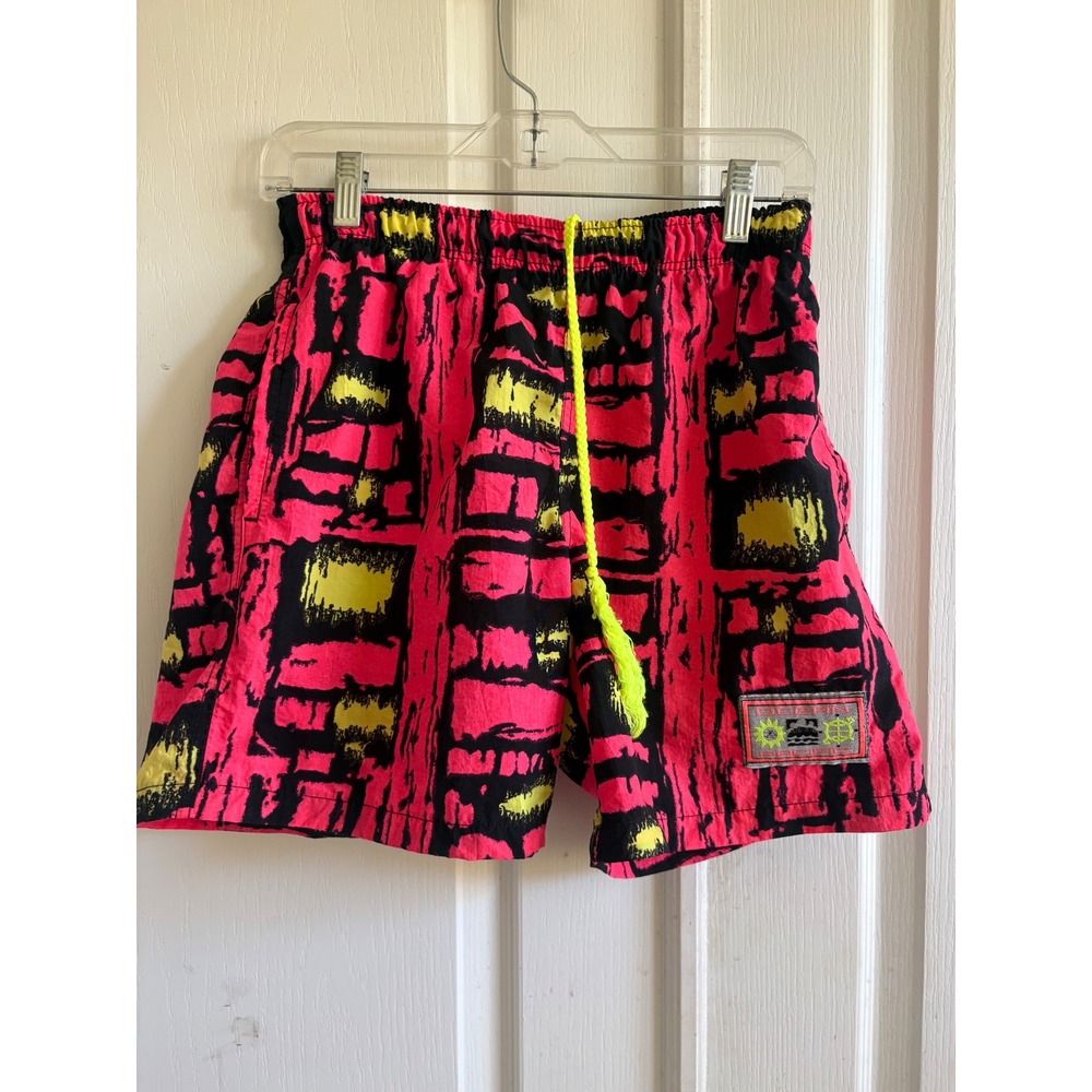 Vintage Ocean Pacific OP Swim Trunks sz Small Neon Pink Yellow Abstract 90s